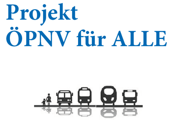 Bild zeigt den Schriftzug Projekt ÖPNV für Alle. Darunter sind verschiedene Verkehrsmittel des ÖPNV aufgezeigt 